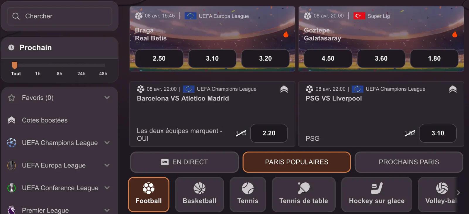 Interface des paris sportifs Dragonia Casino avec matchs de football, compétitions européennes et cotes pour différents résultats