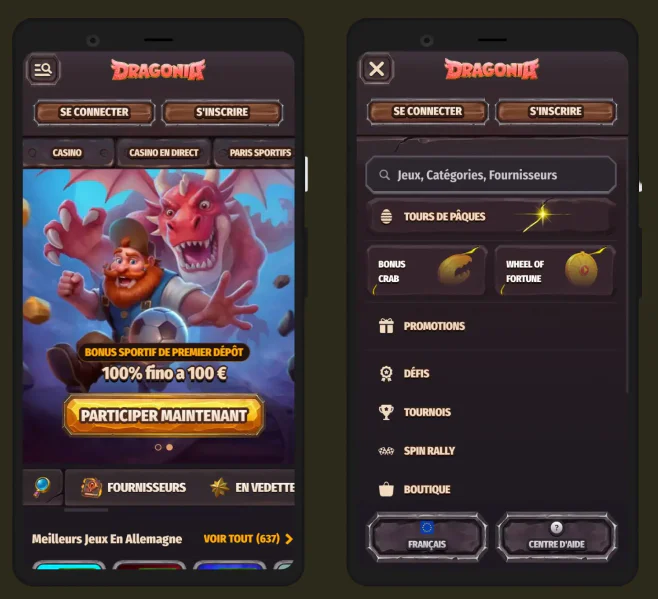 Version mobile de Dragonia Casino avec navigation adaptée aux smartphones, accès au casino, aux promotions et aux paris sportifs